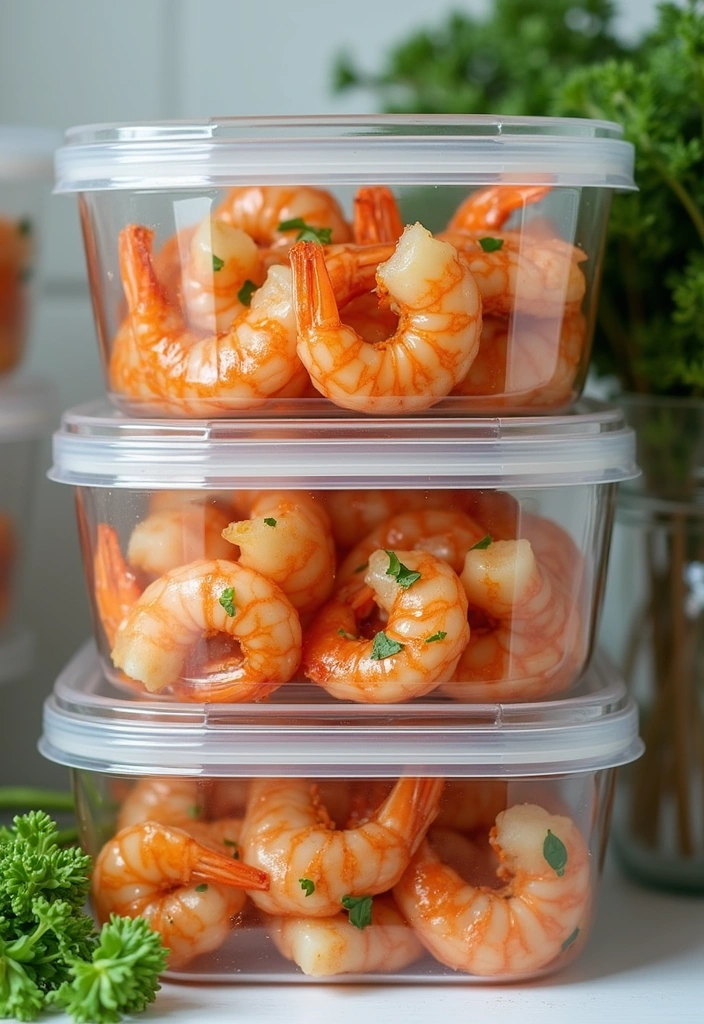 An organized fridge showcasing leftover honey garlic shrimp in a clear, airtight container