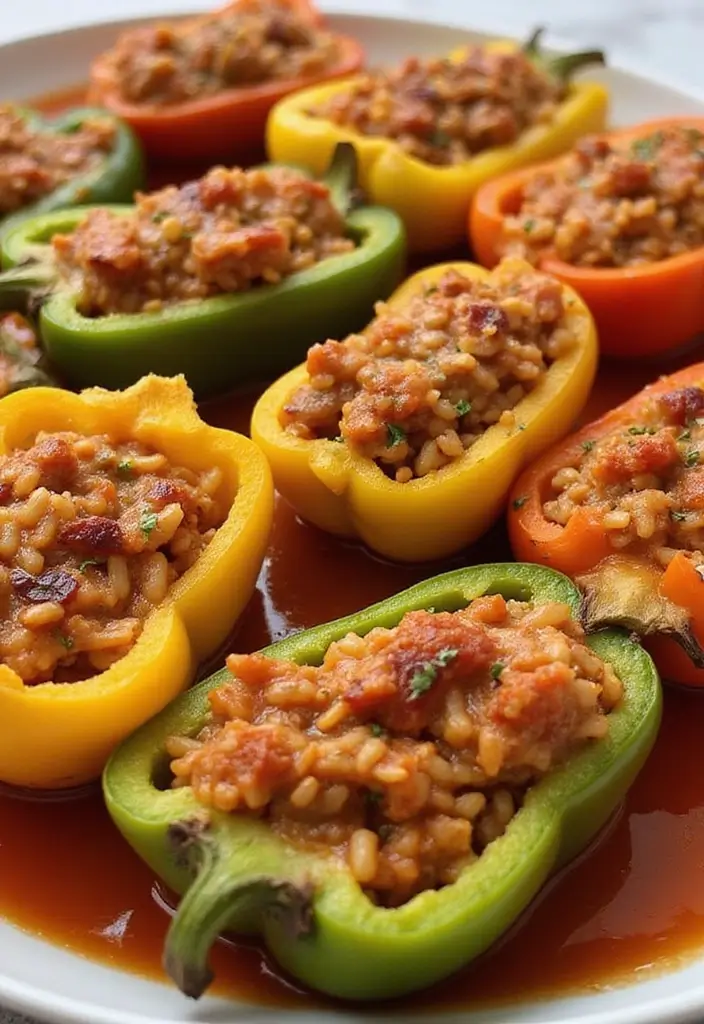 A colorful array of Stuffed Peppers, beautifully baked and filled with rice and meat, served on a platter, presented attractively