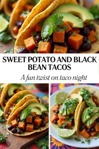 A colorful plate of sweet potato and black bean tacos topped with fresh avocado and cilantro, presented on a vibrant tablecloth.