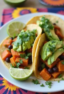 A colorful plate of sweet potato and black bean tacos topped with fresh avocado and cilantro, presented on a vibrant tablecloth.