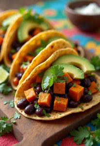 A colorful plate of sweet potato and black bean tacos topped with fresh avocado and cilantro, presented on a vibrant tablecloth.
