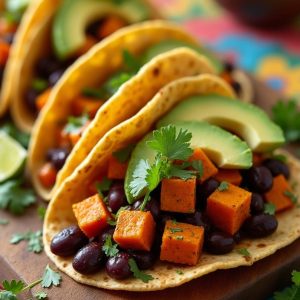 A colorful plate of sweet potato and black bean tacos topped with fresh avocado and cilantro, presented on a vibrant tablecloth.