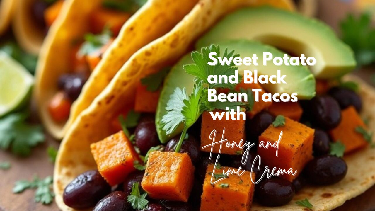 Sweet potato and black bean tacos with honey and lime crema