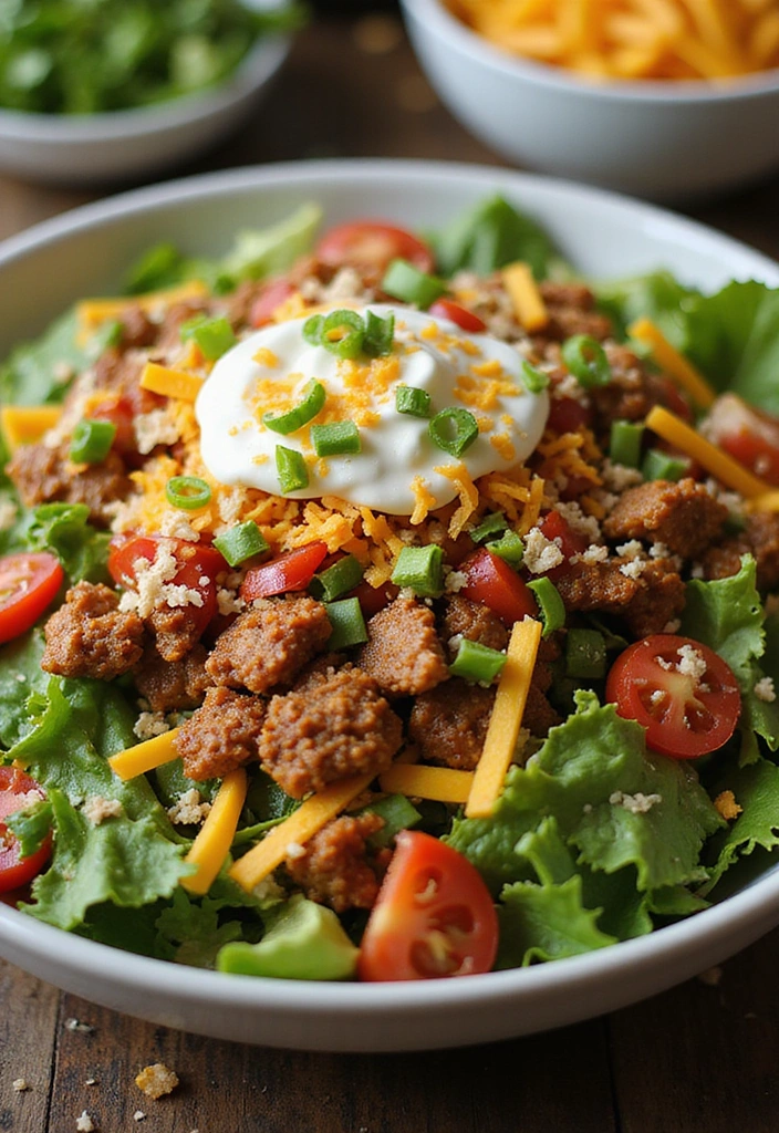 A colorful bowl of Tasty Taco Salad with layers of ingredients, including greens, meat, cheese, and toppings