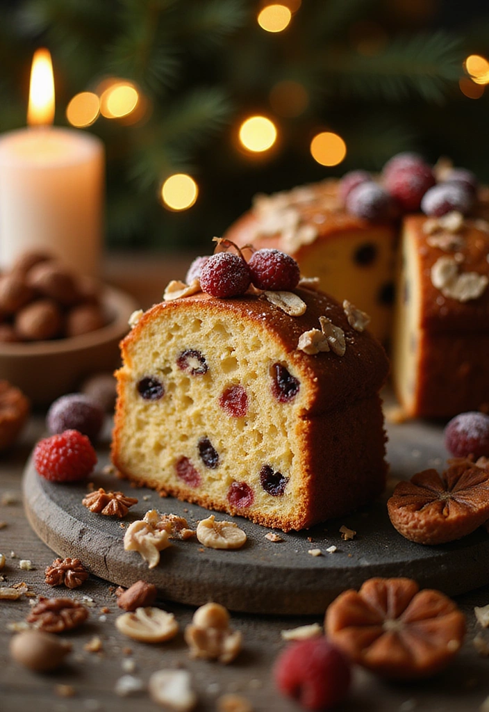 A sliced traditional Christmas fruit cake studded with dried berries and nuts, placed on a wooden board with festive decorations. A lit candle and blurred Christmas lights in the background create a warm holiday glow, while scattered nuts and frosted berries add to the cozy scene.