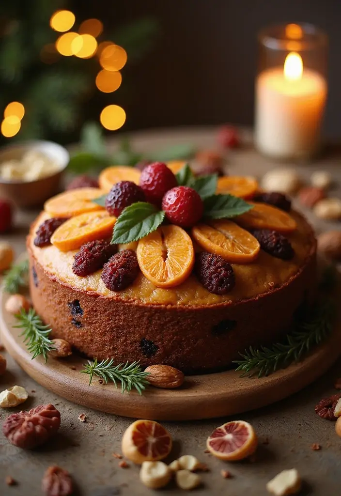 A round traditional Christmas fruit cake topped with dried orange slices, berries, and green leaves, placed on a wooden board surrounded by nuts and festive greenery. A lit candle glows softly in the background, creating a cozy and elegant holiday atmosphere.
