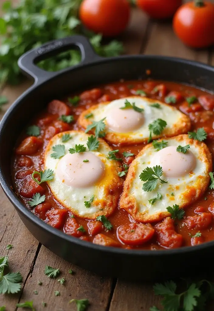 A vibrant skillet of traditional shakshuka with poached eggs resting in a spiced tomato sauce, garnished with fresh parsley, presented on a rustic wooden table decorated for Christmas.