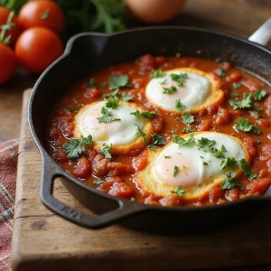 A skillet of traditional shakshuka with poached eggs in a spiced tomato sauce, garnished with fresh parsley, on a rustic wooden table