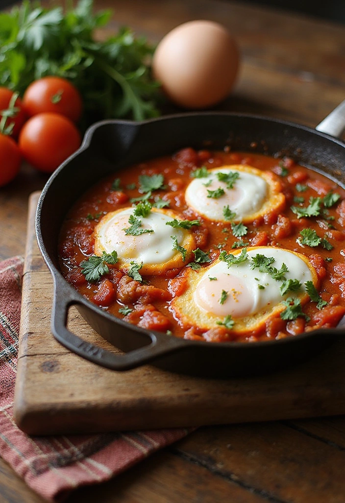 A skillet of traditional shakshuka with poached eggs in a spiced tomato sauce, garnished with fresh parsley, on a rustic wooden table