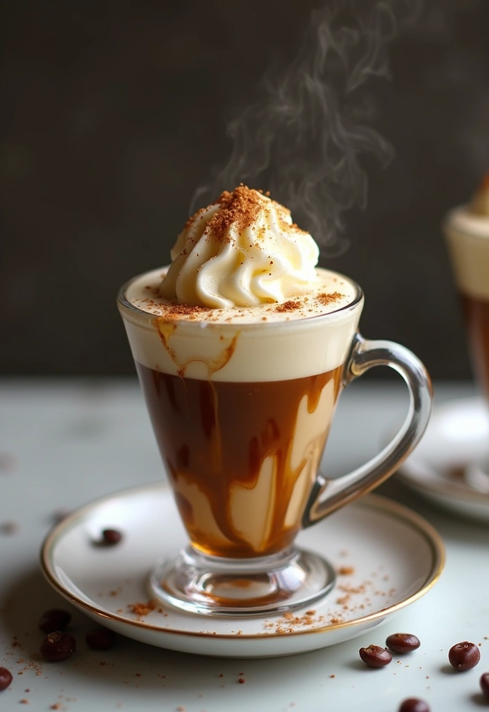 A luxurious vanilla bean affogato coffee served in a clear dish, showcasing the melting ice cream and hot espresso. The surrounding area is elegant with a soft-focus effect, highlighting the dessert