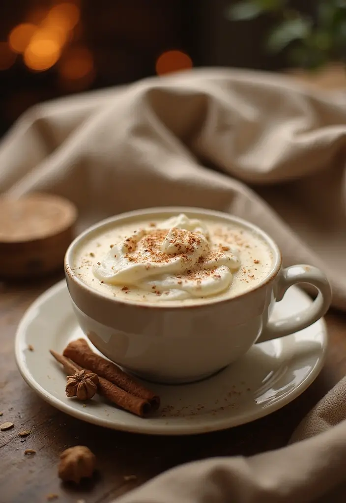 A comforting cup of Vanilla Chai Tea topped with whipped cream and a sprinkle of spices, set against a softly lit cozy nook with a warm blanket. The scene feels inviting and soothing.