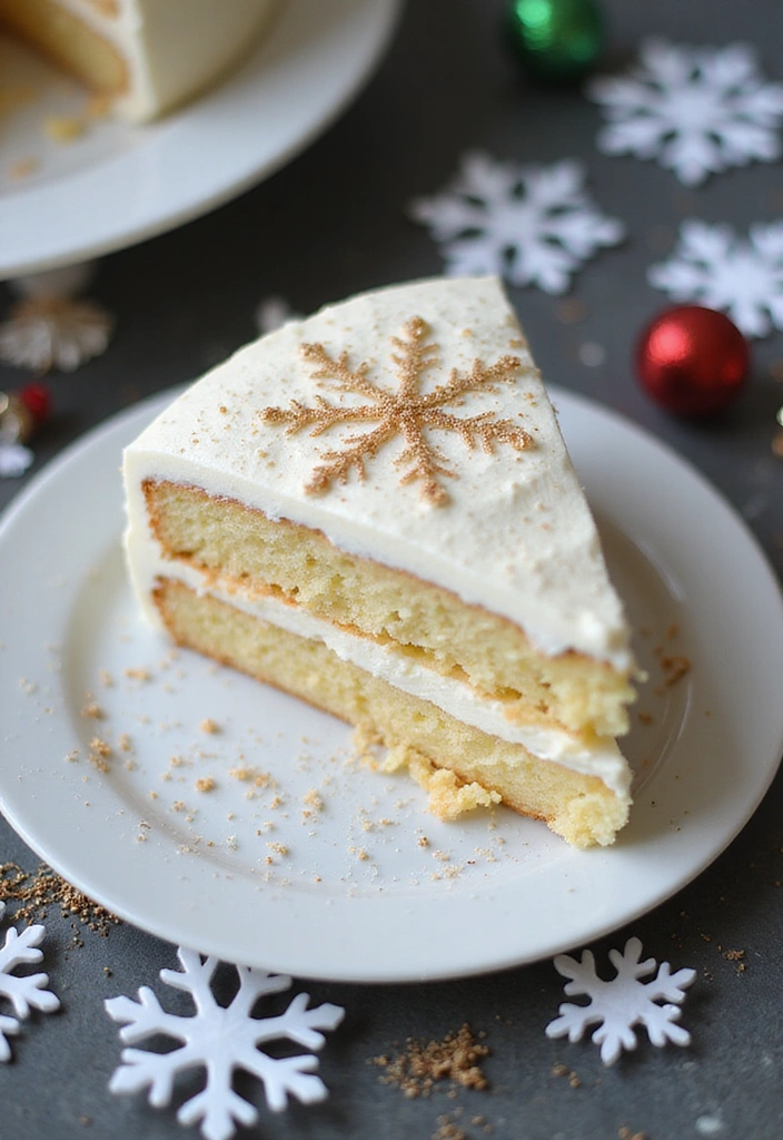 An enticing white vanilla snowflake cake for Christmas placed on a white plate and frosted with white cream.