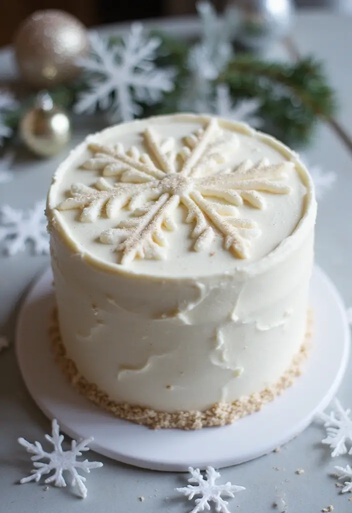 An enticing white vanilla snowflake for Christmas placed on a white plate and frosted with white cream.