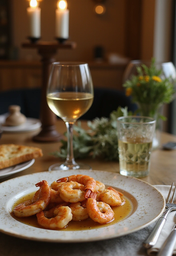 A refreshingly set dining table featuring a glass of white wine next to a plate of honey garlic shrimp