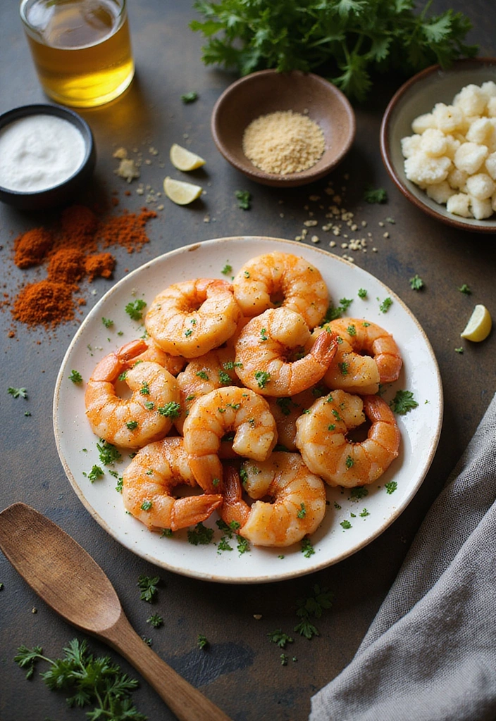 An attractive kitchen scene featuring honey garlic shrimp on a plate with various herbs and spices, alongside helpful kitchen tools and ingredients