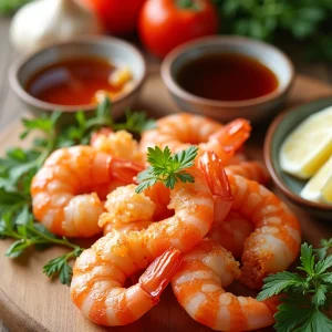 A colorful spread of fresh ingredients for the honey garlic shrimp recipe, including shrimp, garlic, honey, soy sauce, and garnishes, arranged artistically on a wooden chopping board.