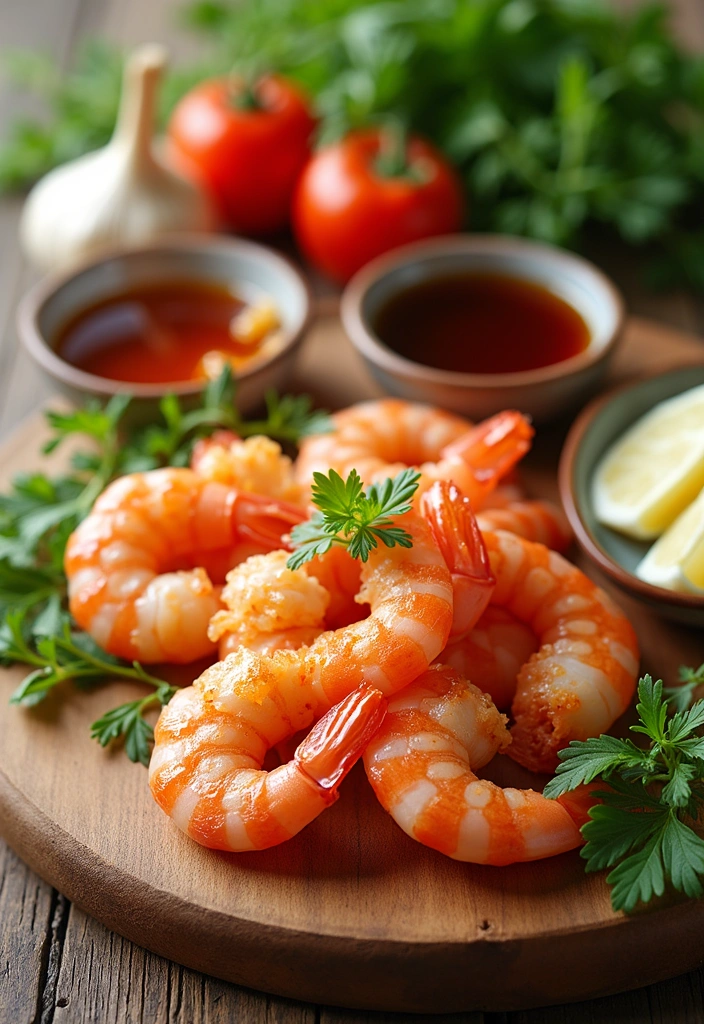 A colorful spread of fresh ingredients for the honey garlic shrimp recipe, including shrimp, garlic, honey, soy sauce, and garnishes, arranged artistically on a wooden chopping board.