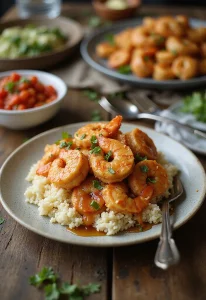 An enticing table setting featuring honey garlic shrimp served over fluffy rice with garnishes, surrounded by colorful side dishes, and elegant utensils, emphasizing a warm and inviting dinner atmosphere.