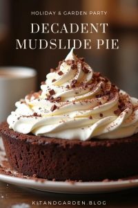 A decadent chocolate mudslide pie topped with a generous layer of whipped cream and chocolate shavings, displayed beautifully on a dessert table.