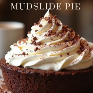 A decadent chocolate mudslide pie topped with a generous layer of whipped cream and chocolate shavings, displayed beautifully on a dessert table.