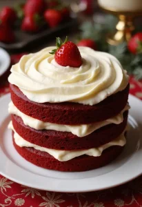An elegant red velvet cake placed on a white plate.