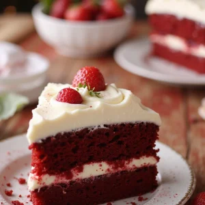 A wedge slice of cheese-layered red velvet cake on a white plate, topped with cream cheese frosting and fresh strawberries. In the background, a larger red velvet cake sits on a white plate beside a bowl of fresh strawberries.