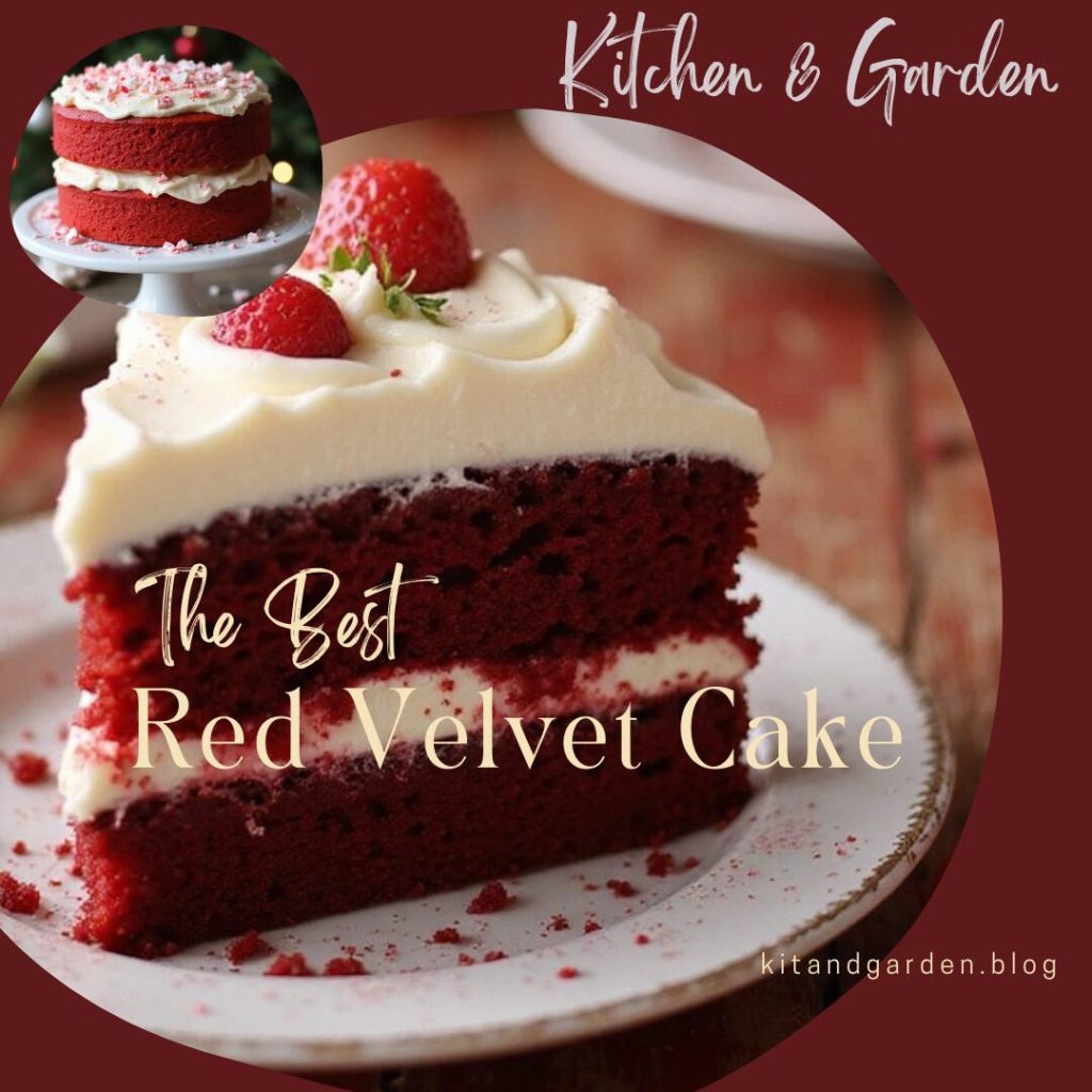 A wedge slice of cheese-layered red velvet cake on a white plate, topped with cream cheese frosting and fresh strawberries. In the background, a larger red velvet cake sits on a white plate beside a bowl of fresh strawberries.