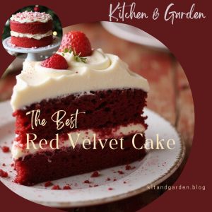 A wedge slice of cheese-layered red velvet cake on a white plate, topped with cream cheese frosting and fresh strawberries. In the background, a larger red velvet cake sits on a white plate beside a bowl of fresh strawberries.