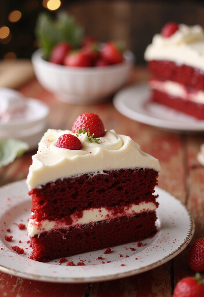 A wedge slice of cheese-layered red velvet cake on a white plate, topped with cream cheese frosting and fresh strawberries. In the background, a larger red velvet cake sits on a white plate beside a bowl of fresh strawberries.