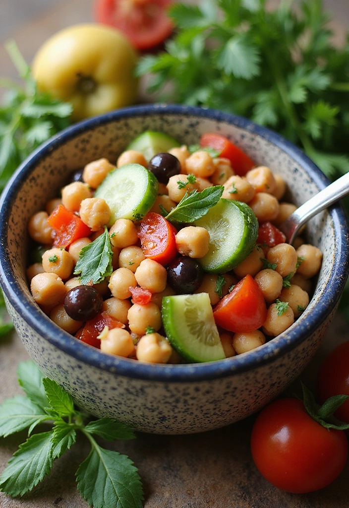 A rustic ceramic bowl filled with Mediterranean chickpea salad containing sliced cucumbers, halved cherry tomatoes, black olives, and fresh herbs. The bowl sits on a textured surface surrounded by parsley, mint leaves, and tomatoes, giving the scene a fresh and vibrant Mediterranean feel.