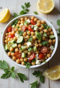 A bowl of chickpea salad with diced cucumber, halved cherry tomatoes, cubes of feta cheese, and fresh parsley leaves. The salad sits on a light wooden surface surrounded by lemon halves and scattered parsley sprigs, creating a bright and fresh Mediterranean-style presentation.