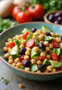 A blue-green bowl filled with chickpea salad featuring chickpeas, cucumber chunks, halved cherry tomatoes, black olives, and chopped herbs. The bowl is set on a rustic surface with fresh tomatoes, olives, and greens softly blurred in the background, giving the dish a fresh and inviting Mediterranean look.