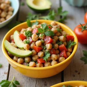 A bright yellow bowl filled with chickpea salad made of chickpeas, diced red bell peppers, avocado slices, and fresh parsley. The bowl sits on a rustic wooden table with tomatoes, avocado halves, and lime in the background, creating a colorful and fresh presentation.