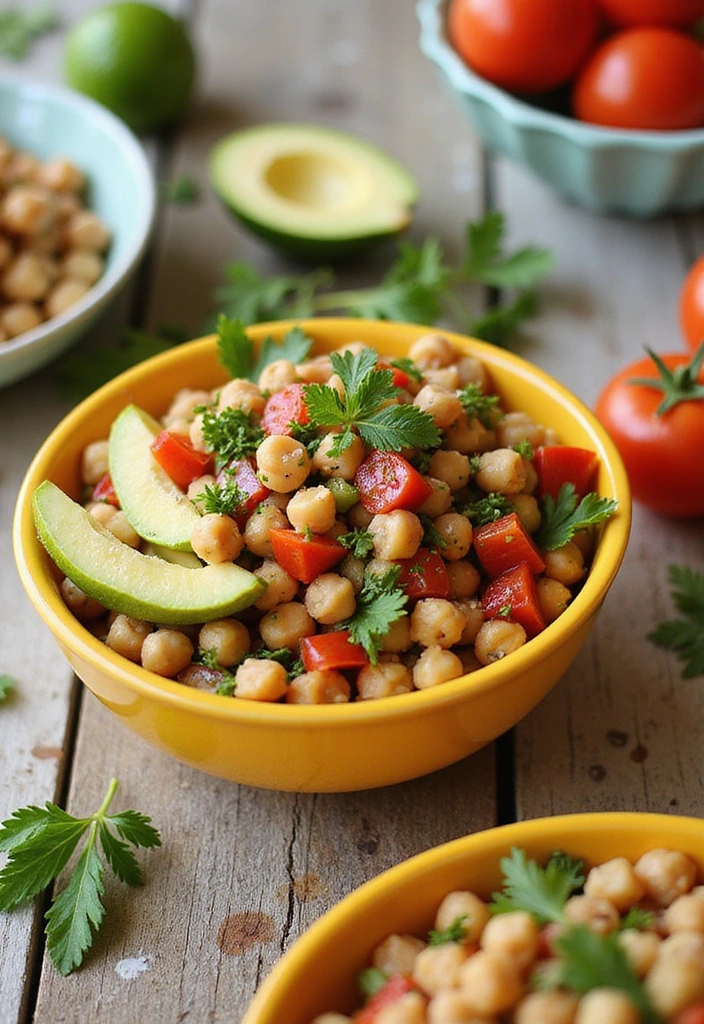 A bright yellow bowl filled with Mediterranean chickpea salad made of chickpeas, diced red bell peppers, avocado slices, and fresh parsley. The bowl sits on a rustic wooden table with tomatoes, avocado halves, and lime in the background, creating a colorful and fresh presentation.