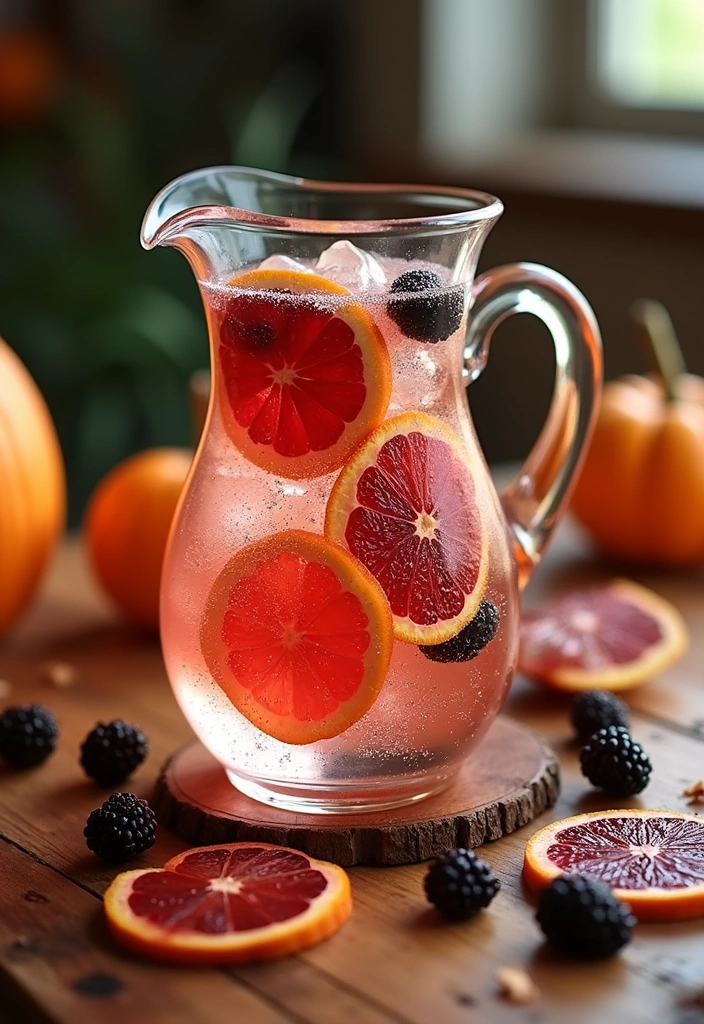 A clear glass pitcher filled with citrus sparkling water, ice cubes, slices of blood orange, and blackberries. The drink has a soft pink tint from the fruit, with condensation on the glass adding a refreshing look. The pitcher sits on a wooden table surrounded by extra blood orange slices, blackberries, and small pumpkins in the background, creating a cozy and vibrant autumn atmosphere.