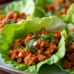 Spicy chicken lettuce wraps: A close-up of crisp green lettuce leaves filled with a reddish-brown spiced minced mixture and topped with fresh cilantro. The wraps are neatly arranged on a plate over a rustic wooden surface, highlighting their vibrant colors and fresh, appetizing look.
