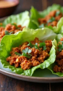 Spicy chicken lettuce wraps: A close-up of crisp green lettuce leaves filled with a reddish-brown spiced minced mixture and topped with fresh cilantro. The wraps are neatly arranged on a plate over a rustic wooden surface, highlighting their vibrant colors and fresh, appetizing look.
