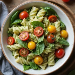 Bowl of festive pesto pasta salad with penne, red and yellow cherry tomatoes, and fresh basil leaves.