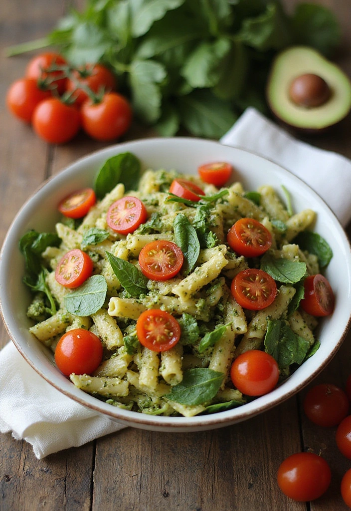 Bowl of pesto pasta salad with penne, halved cherry tomatoes, and fresh basil leaves on a wooden table.
